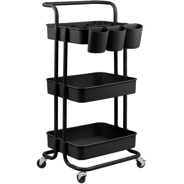 Kitchen Bathroom Bedroom by FURNINXS 3 Tier Rolling Utility Cart with Wheels Multifunctional Metal Storage Cart Organizer Adjustable Trolley Cart with Handle for Home Office